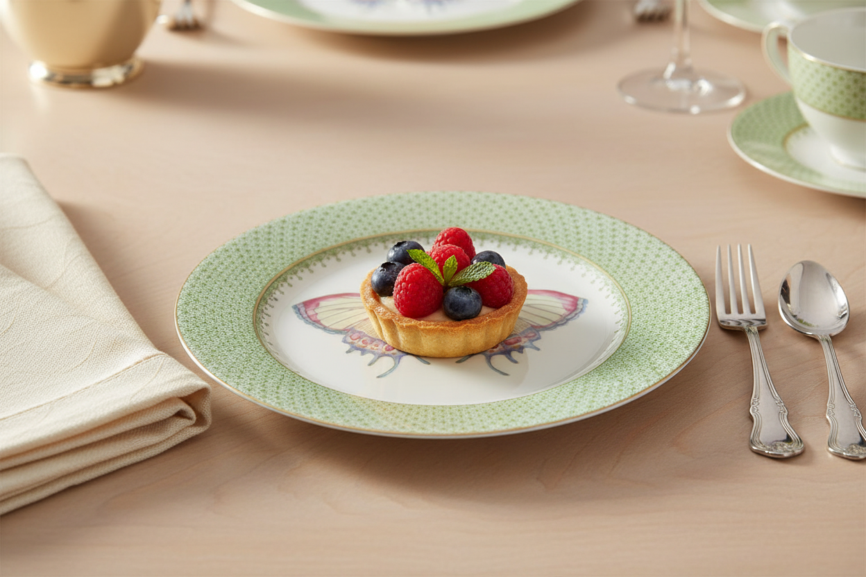 Lace Apple Green Dessert Plate - Ambientada con diseño exacto