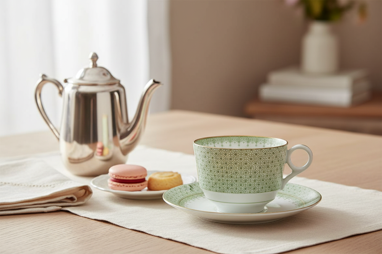 Lace Apple Green Tea Cup & Saucer - Ambientada