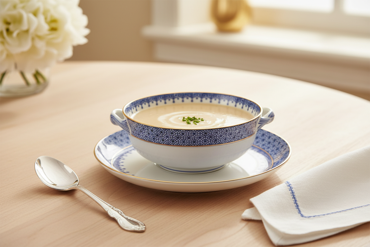 Lace Blue Cream Soup & Saucer - Ambientada