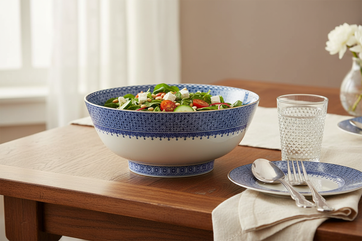 Lace Blue Round Serving Bowl - Ambientada