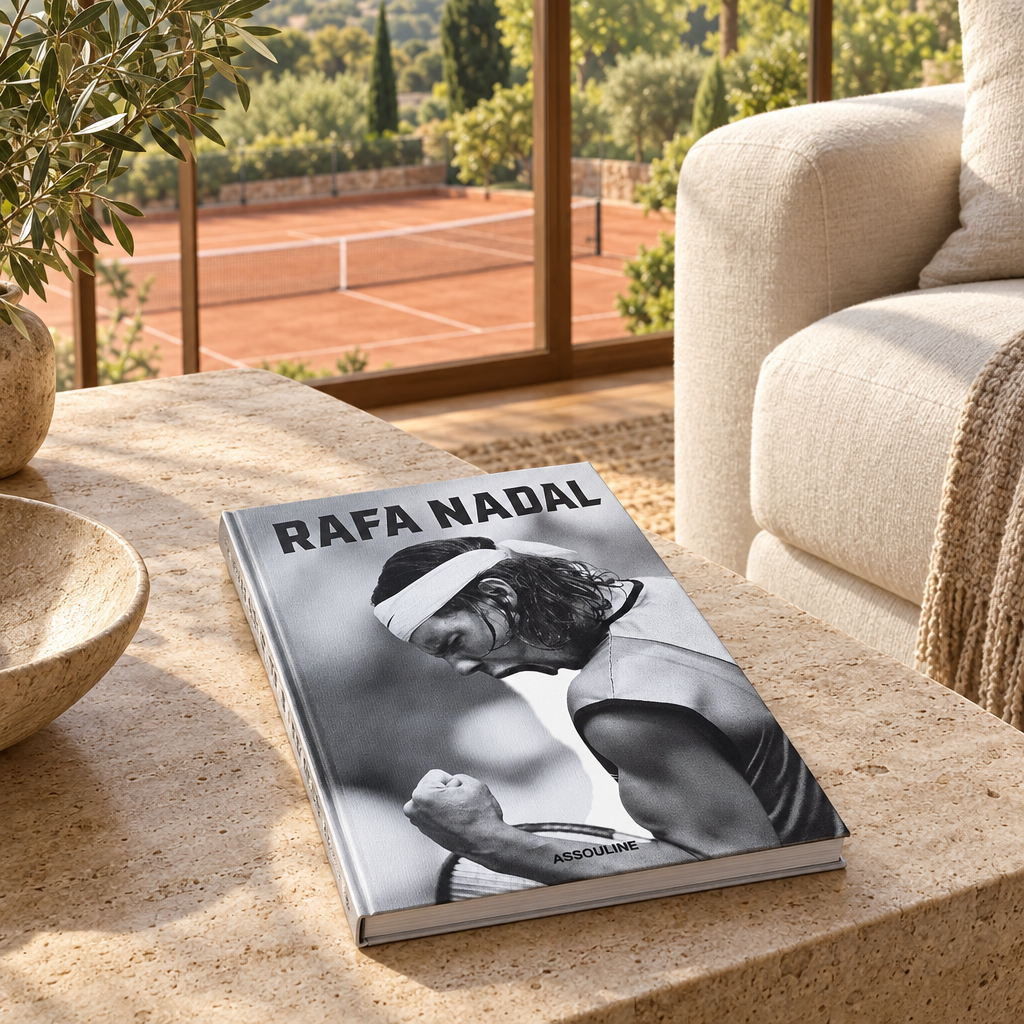 Libro Rafa Nadal en una sala con vista a una cancha de tenis