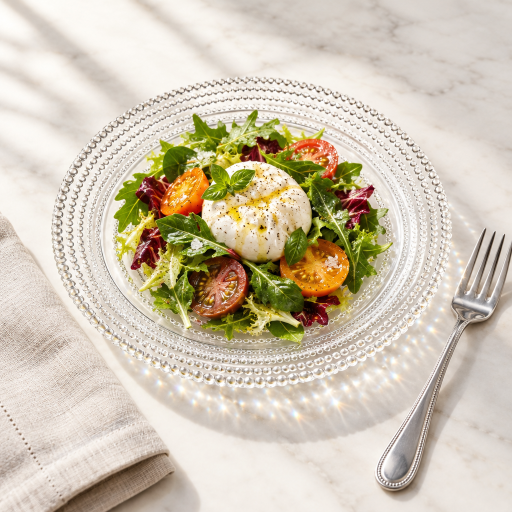 Lumina Glass Salad Plate en cristal transparente con ensalada