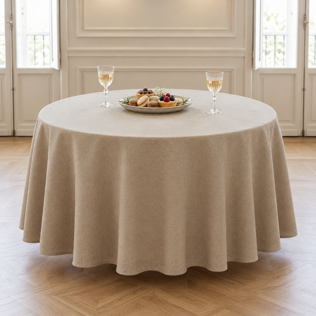 Mantel Altamira Moca sobre una mesa redonda
