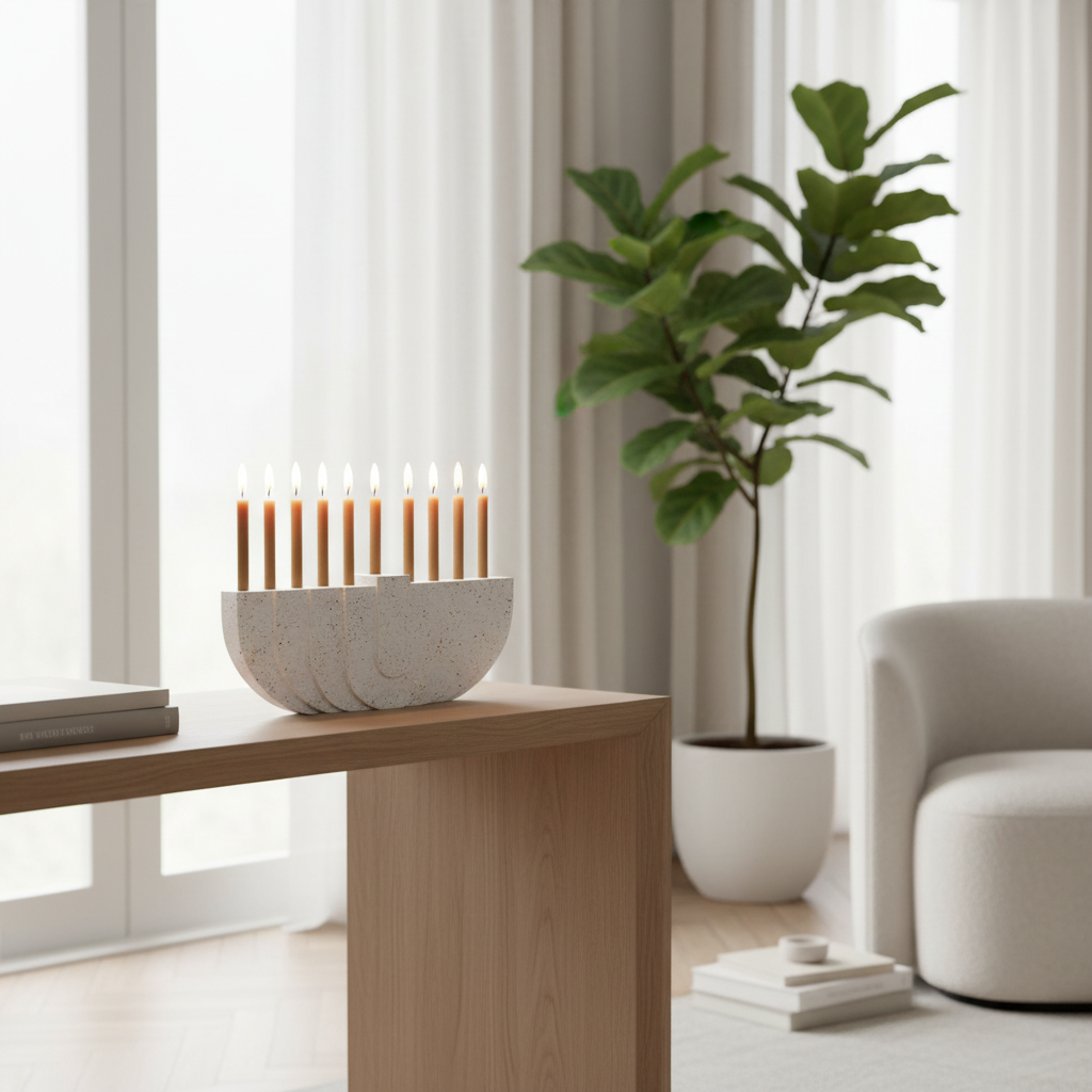 Menorah Terrazzo Concrete White with Candles - Elegant Room Setting
