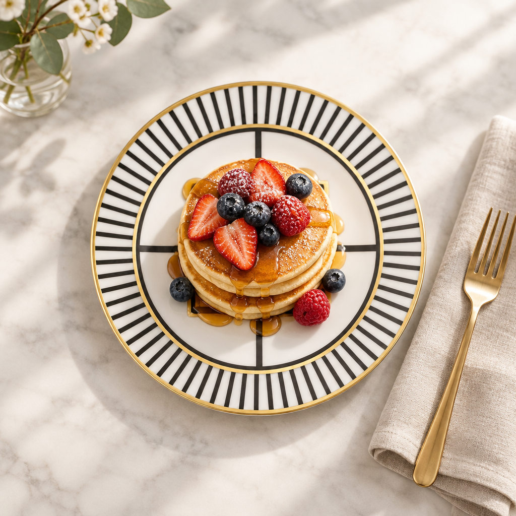 Metro Chic Dessert Plate 2 ambientado con pancakes