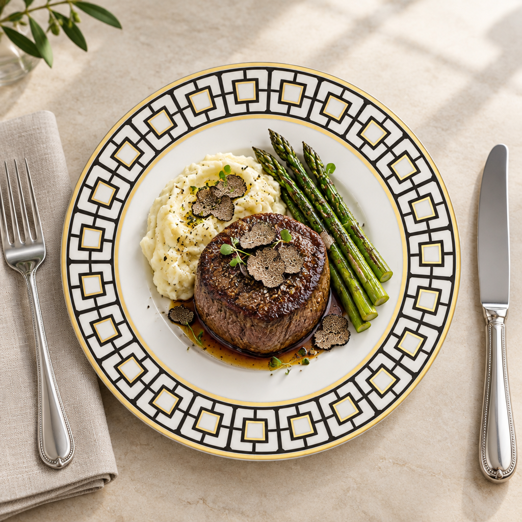 Metro Chic Dinner Plate ambientado con filete