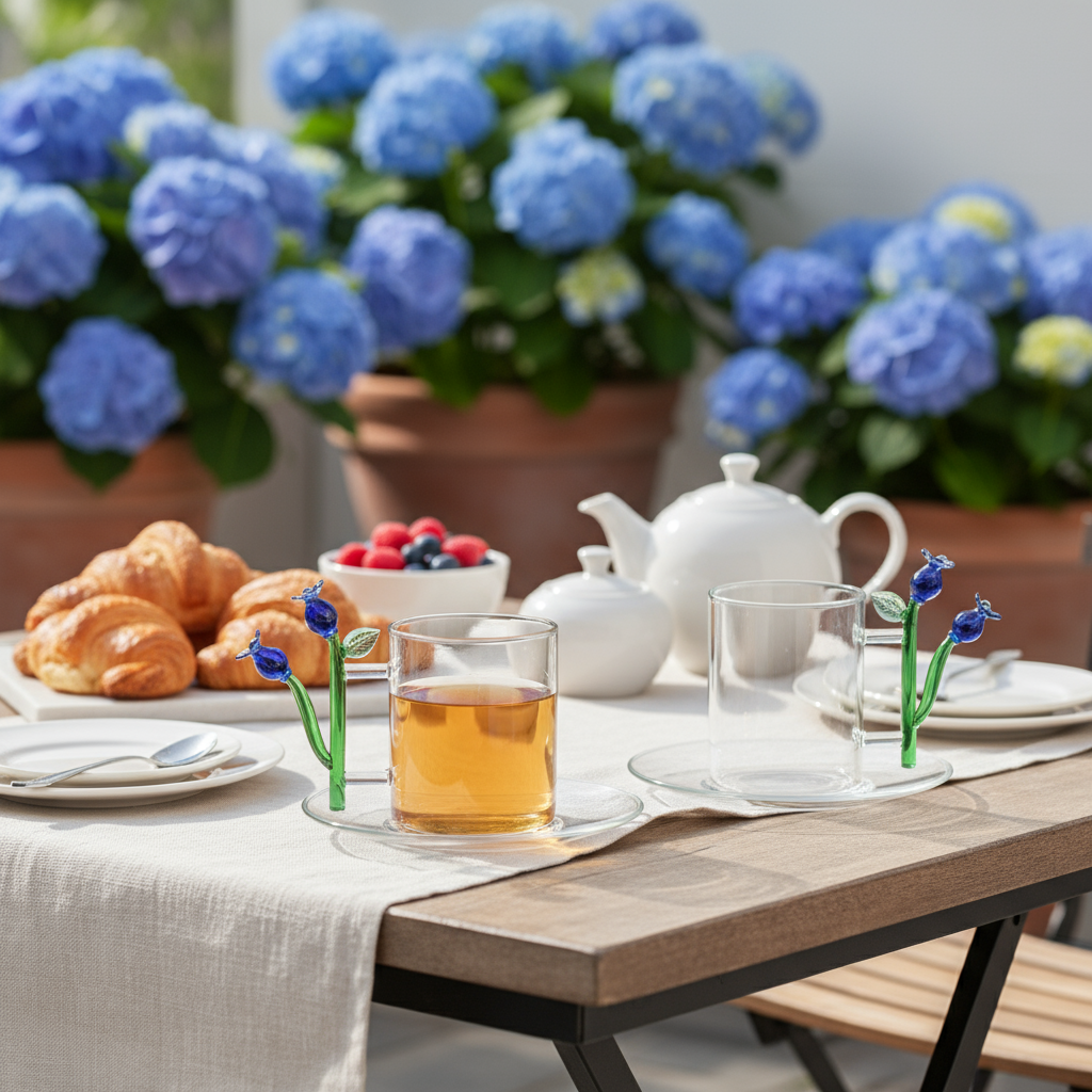 Mugs Botanica con flores azules - ambientación terraza