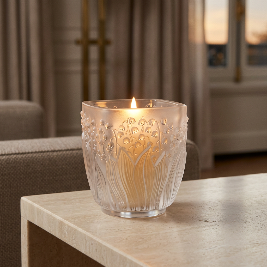 Muguet en un ambiente elegante con vela encendida
