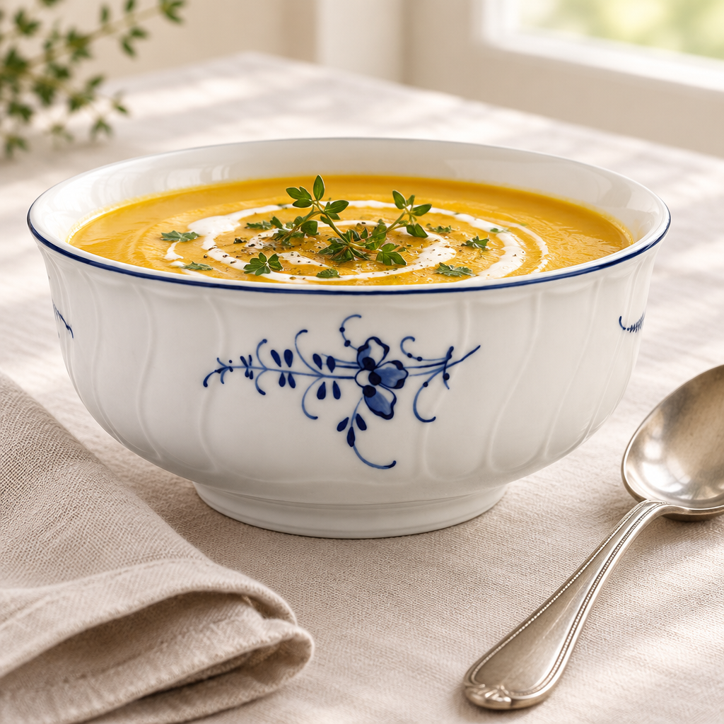 Old Luxembourg Soup/Cereal Bowl ambientado con crema de zapallo