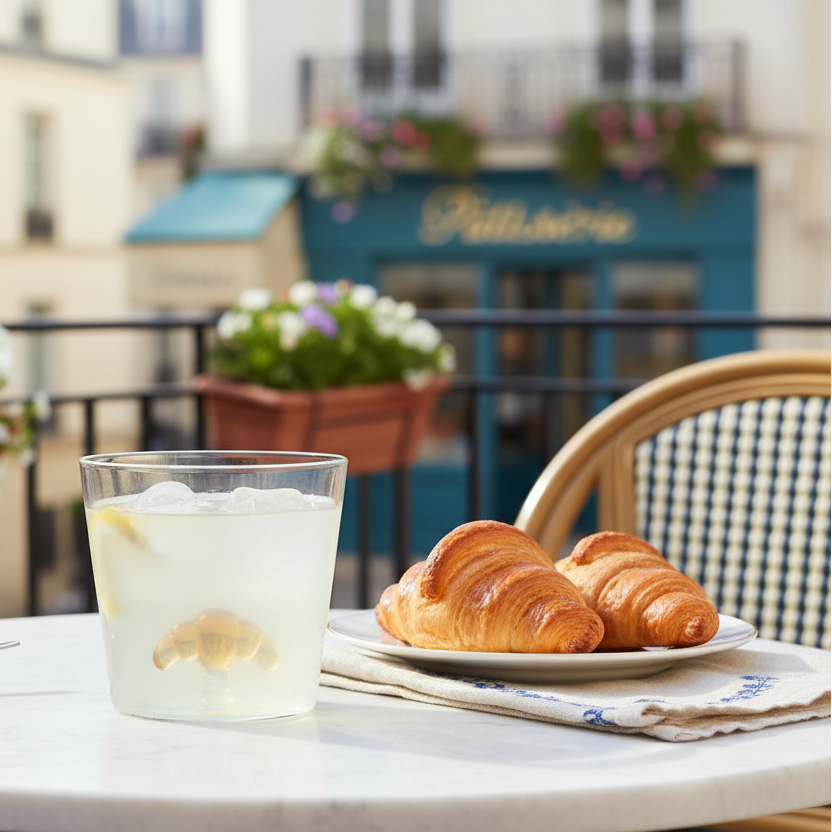 Patisserie Tumbler Croissant - Terraza con bebida
