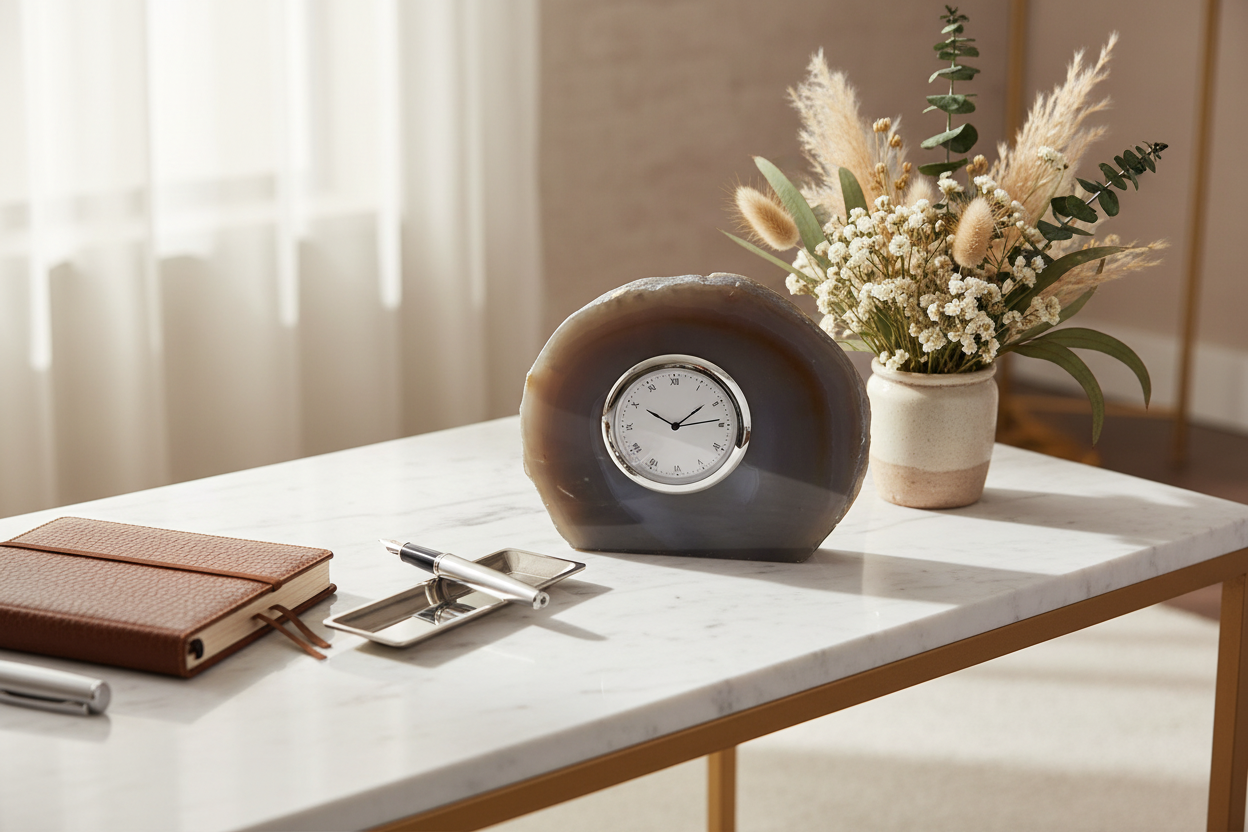Pedra Clock Natural Agate & Silver - Lifestyle