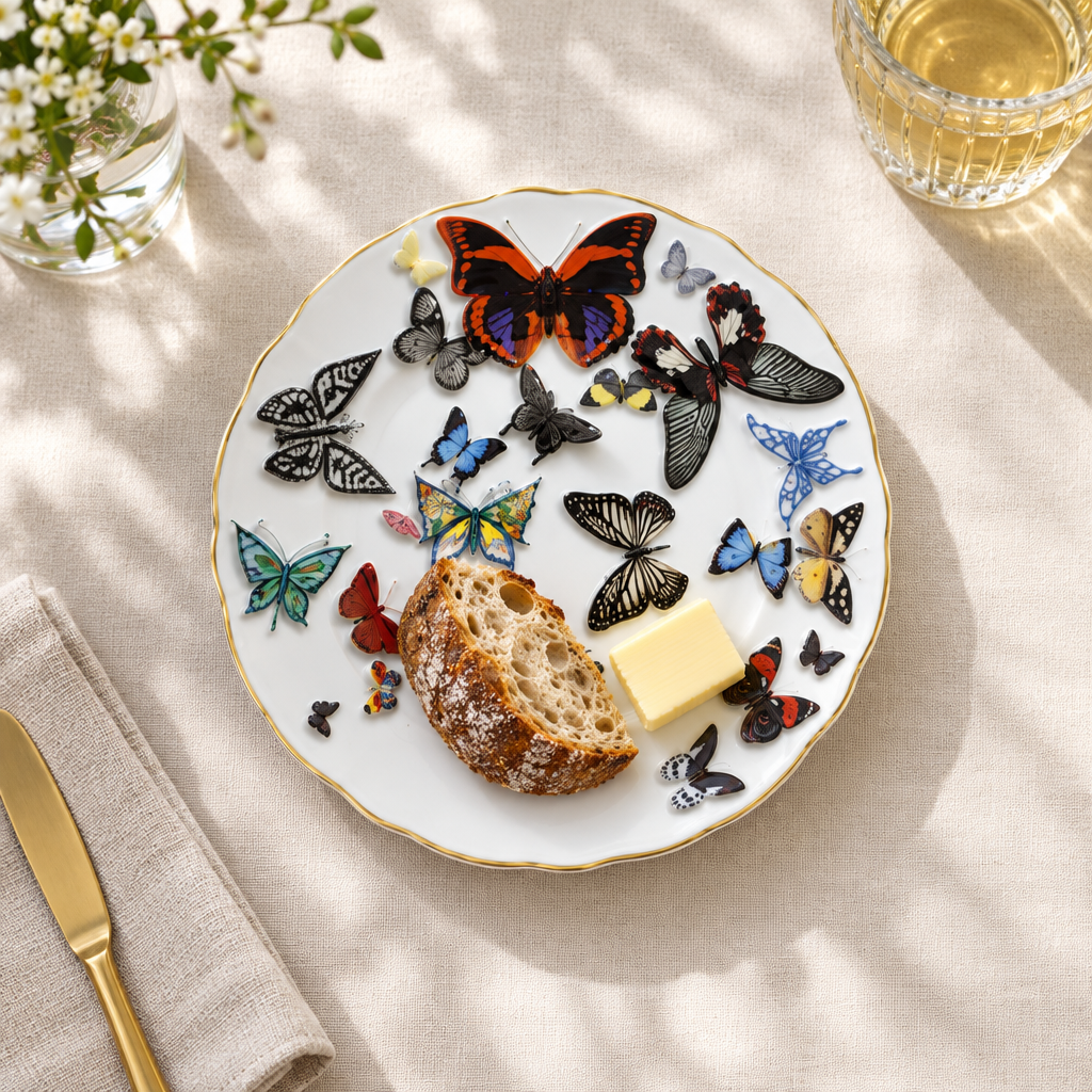 Plato Butterfly Parade de 6.5 pulgadas ambientado con pan y mantequilla