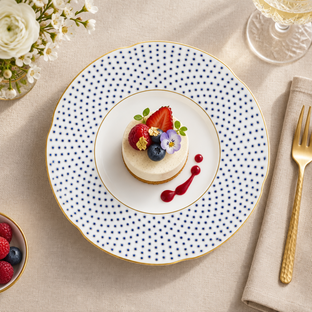 Plato de postre Constellation D’Or ambientado con un postre