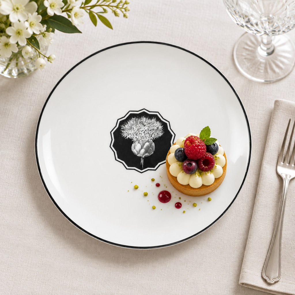 Plato de postre Herbariae blanco ambientado