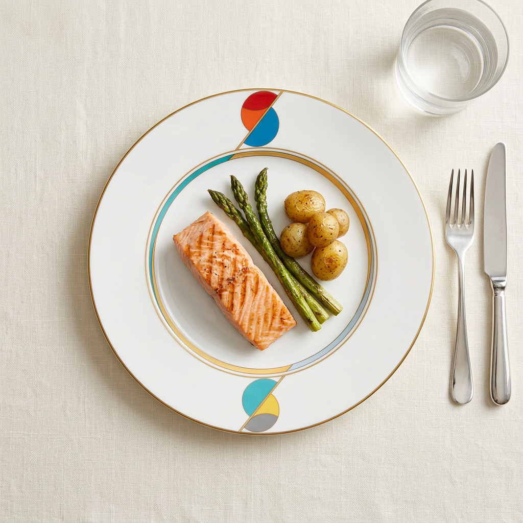Plato Futurismo ambientado con salmón y vegetales