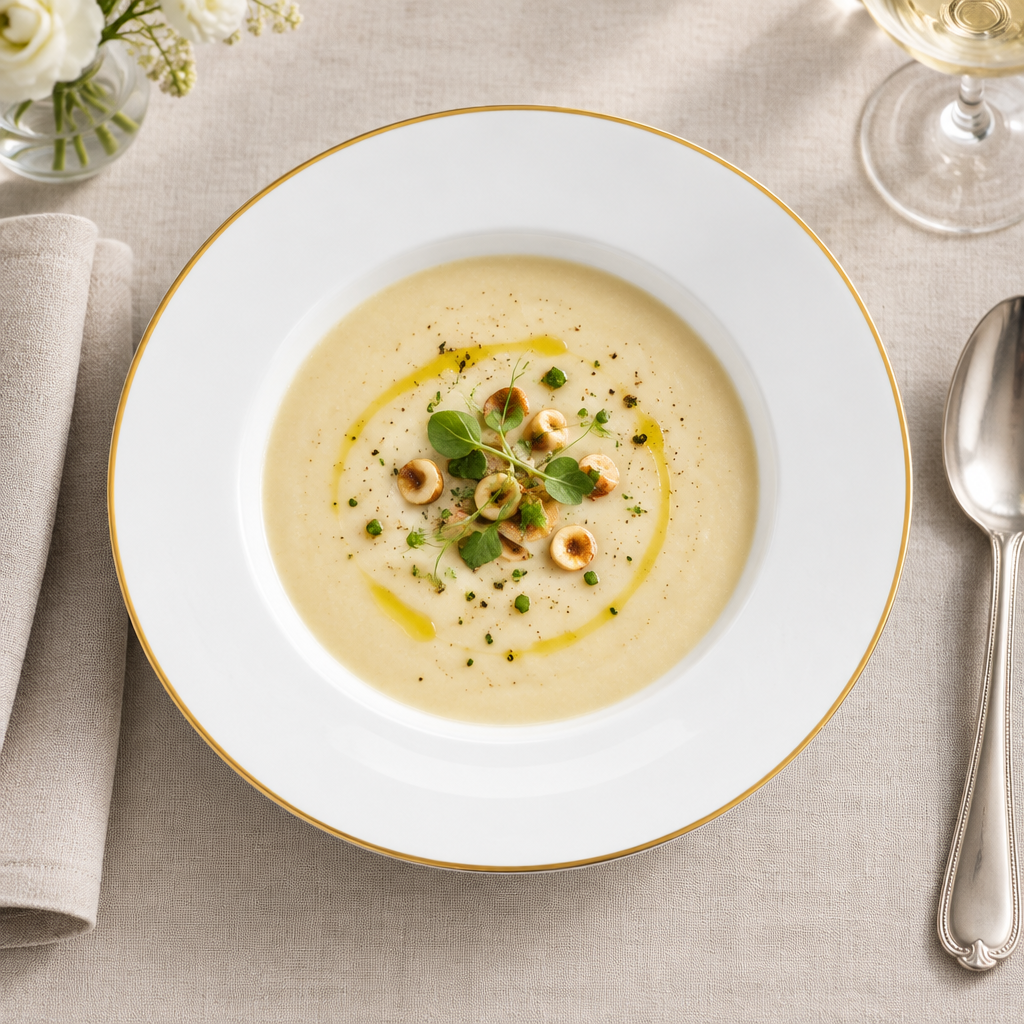 Plato hondo Bernardaud Palmyre ambientado con sopa