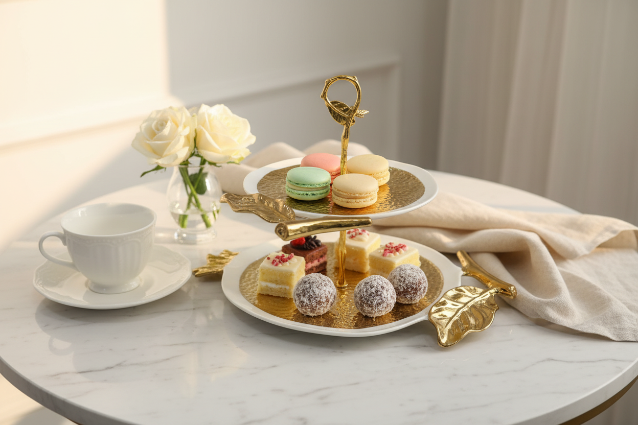 Pomegranate Gold 2-Tier Stand - Ambientada