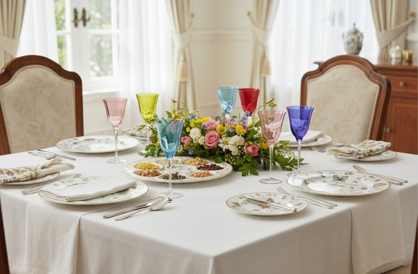 The Vibrant Passover Dining Set – 4 Primavera Dinner Plates, 4 Primavera Dessert Plates (Butterfly Design), 6 Water Goblets (Rainbow)