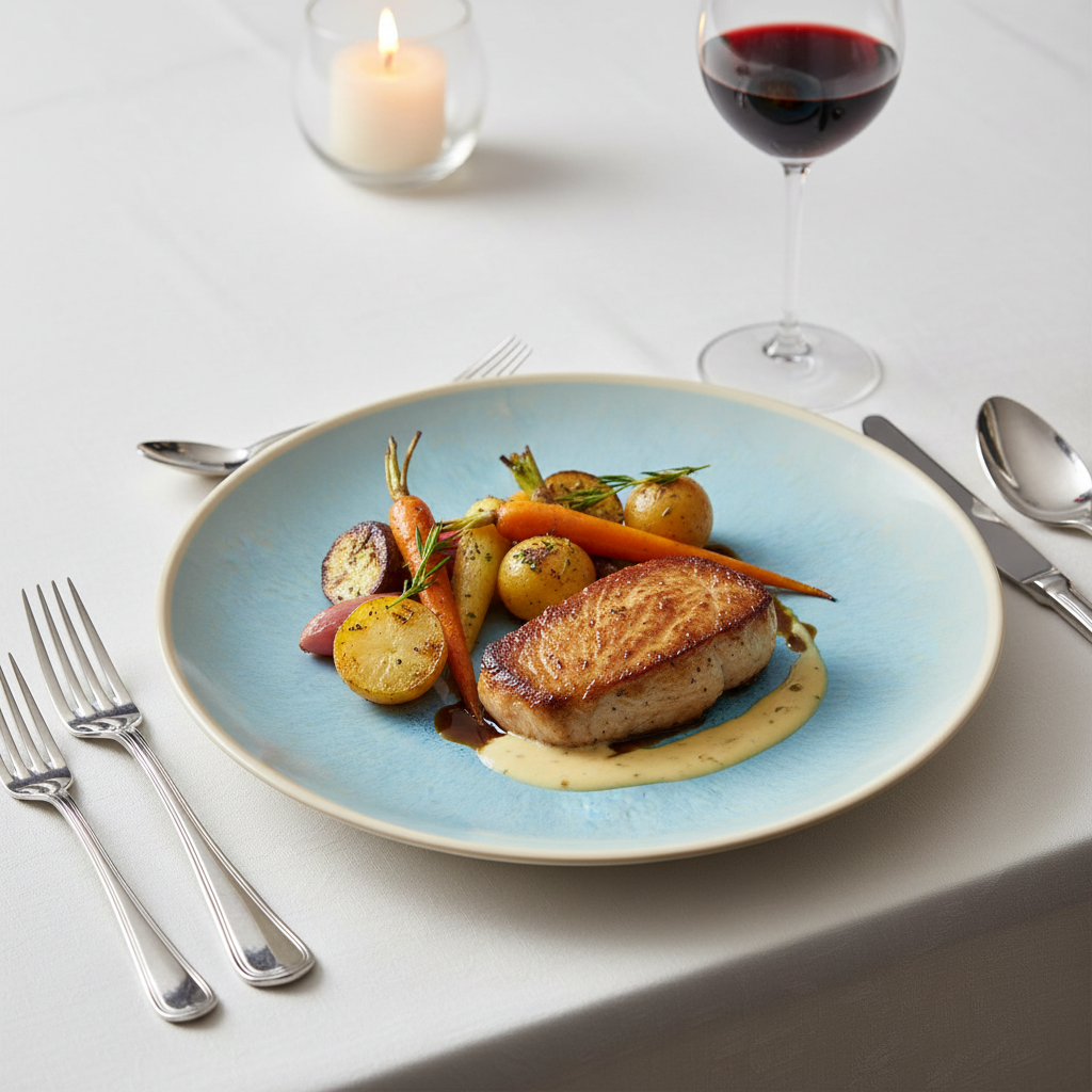 Reactive Glaze Blue Dinner Plate - Ambientada