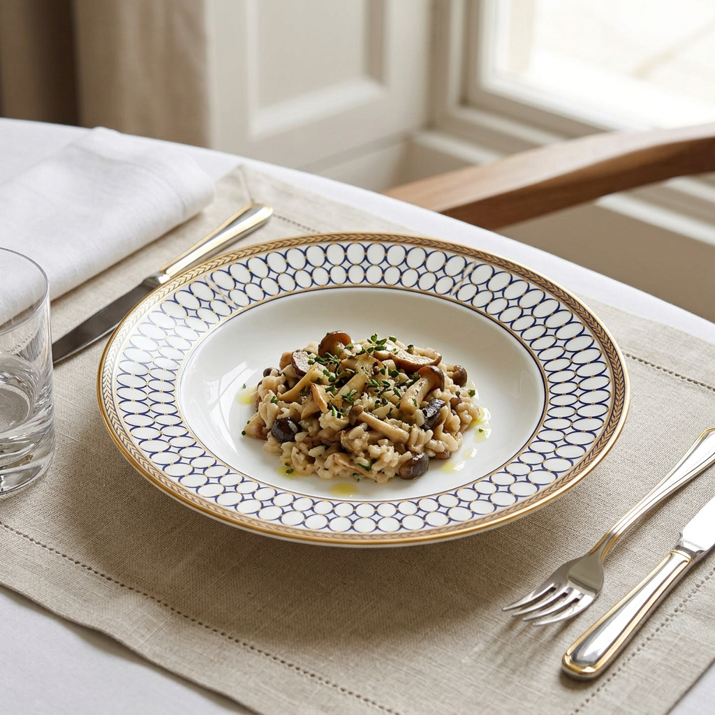 Renaissance Gold Deep Plate ambientado con risotto