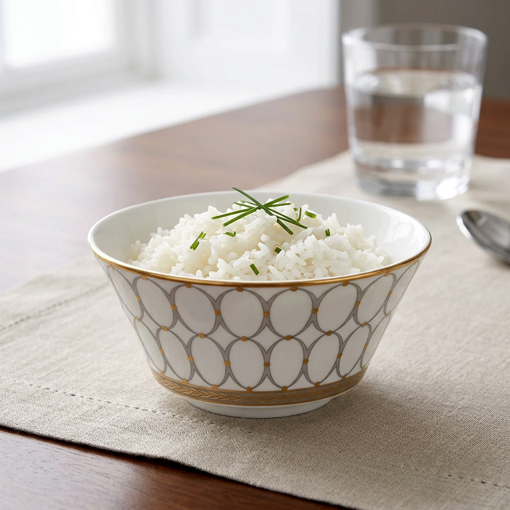 Renaissance Grey Rice Bowl ambientado con arroz