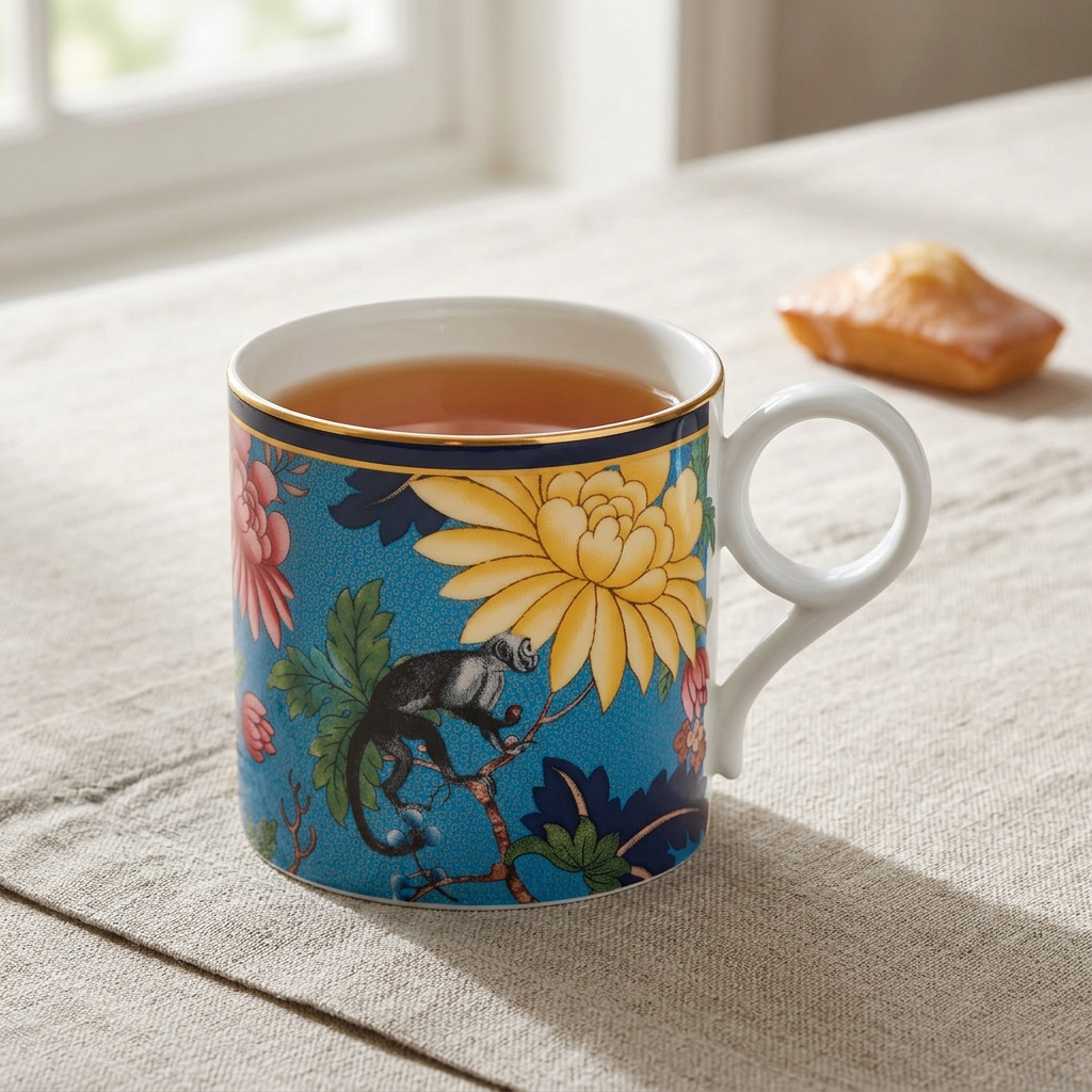 Sapphire Garden Mug ambientado con té