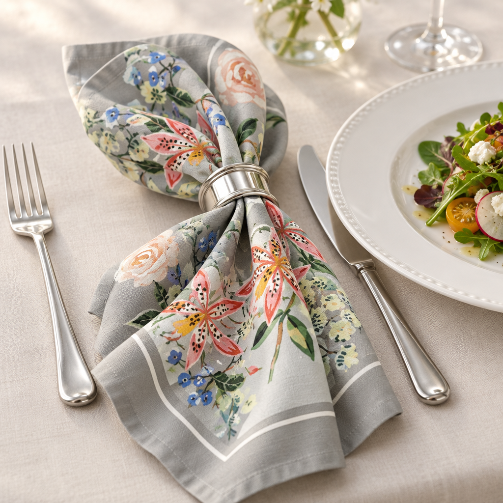 Servilleta Botanical Silver en aro plateado