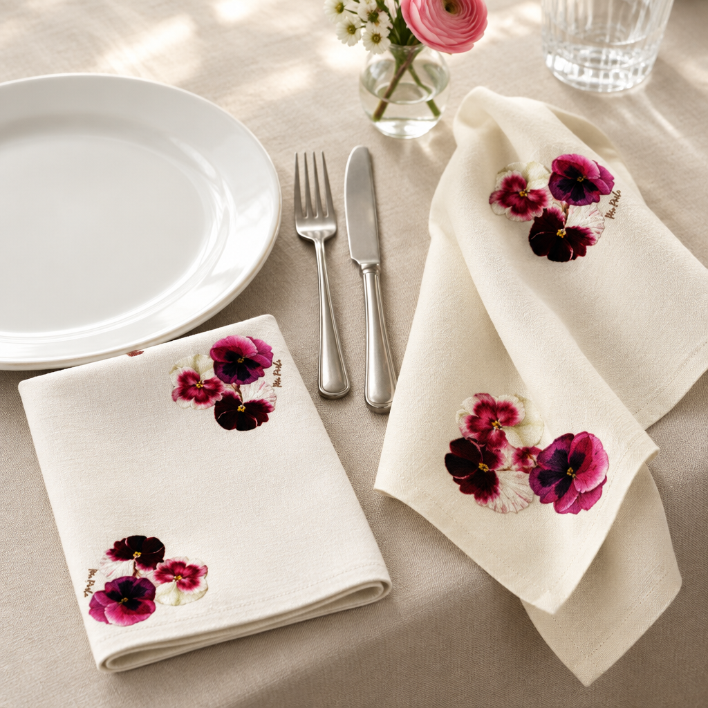 Servilletas Amor Perfeito rosadas ambientadas en mesa puesta