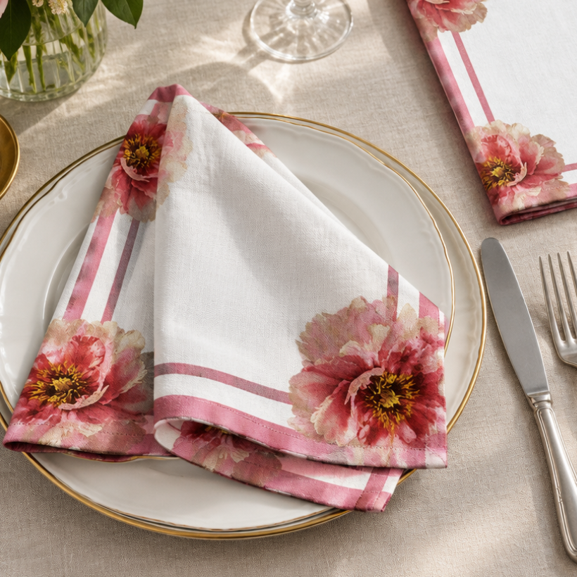 Servilletas Peonia rosas ambientadas en una mesa