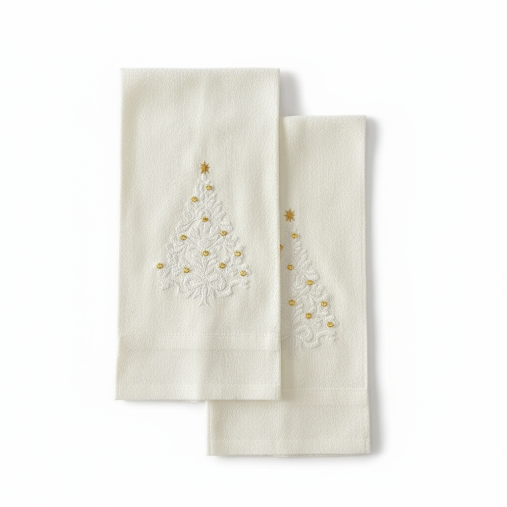 Set de 2 toallas bordadas Christmas Tree - Árbol blanco y dorado