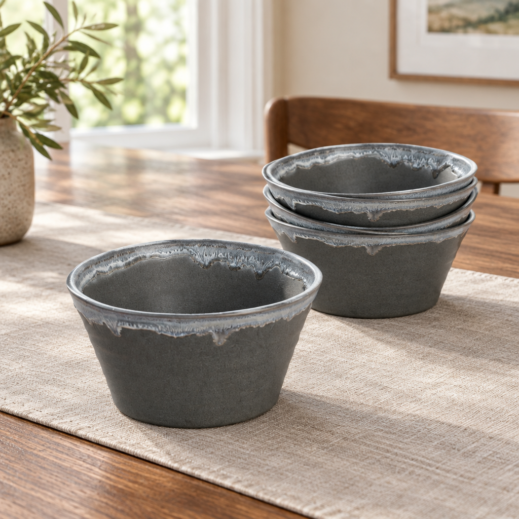 Set de bowls Etta vacíos en una mesa, con uno mostrando el interior