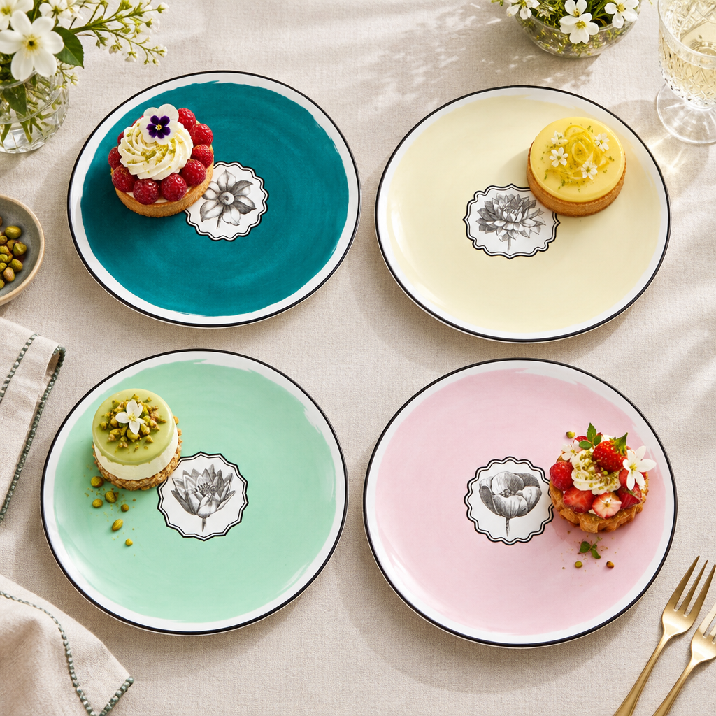 Set de cuatro platos de postre Herbariae ambientado