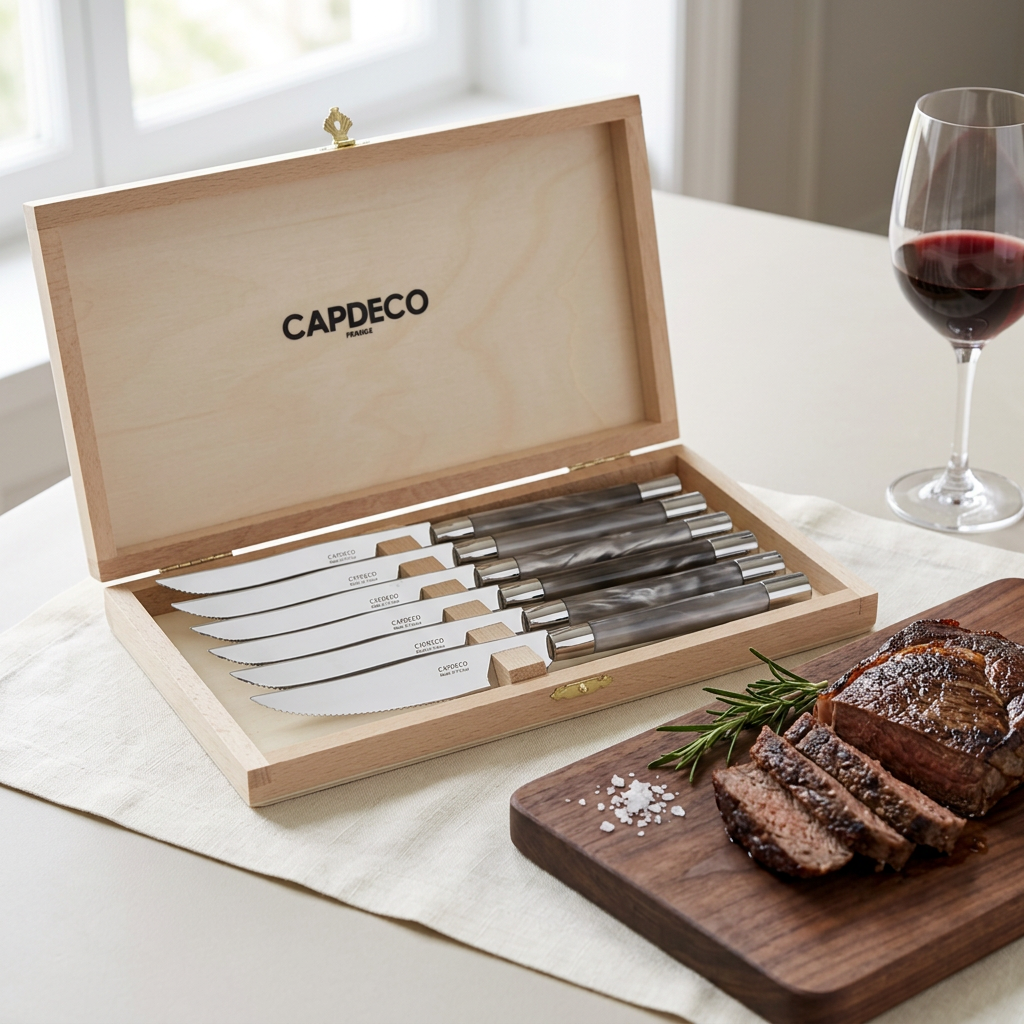 Set de seis cuchillos para carne Conty Grey en un ambiente elegante