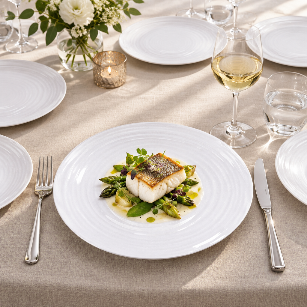 Set de seis platos Bernardaud Origine ambientado para la cena