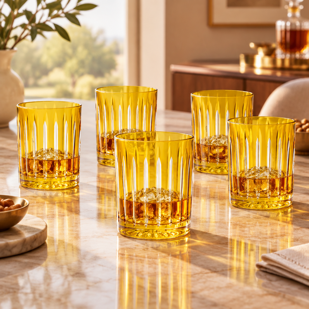 Set de seis vasos amarillos para whisky, ambientados con bebida
