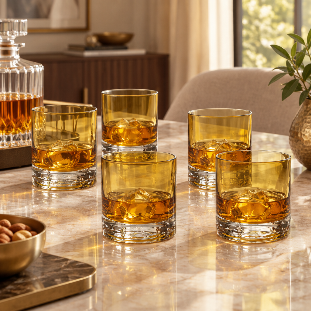 Set de seis vasos de whisky ámbar ambientado con bebida