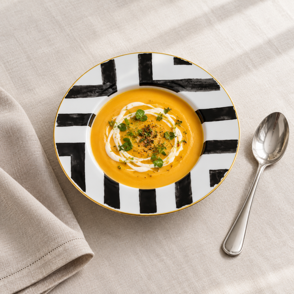 Sol y Sombra Soup Plate ambientado con crema de zapallo