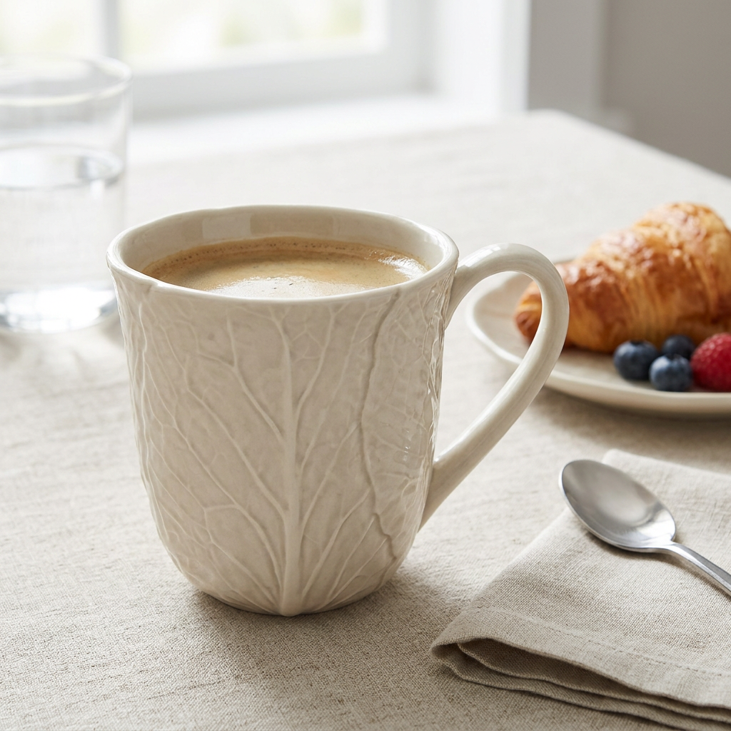 Taza Cabbage ambientada en una mesa de desayuno