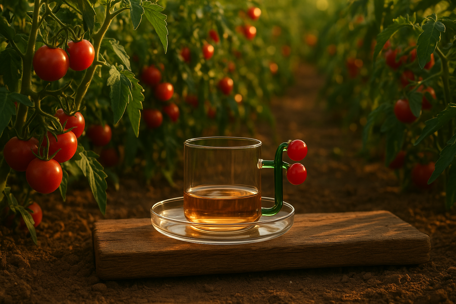 Taza de tomate en campo de tomates