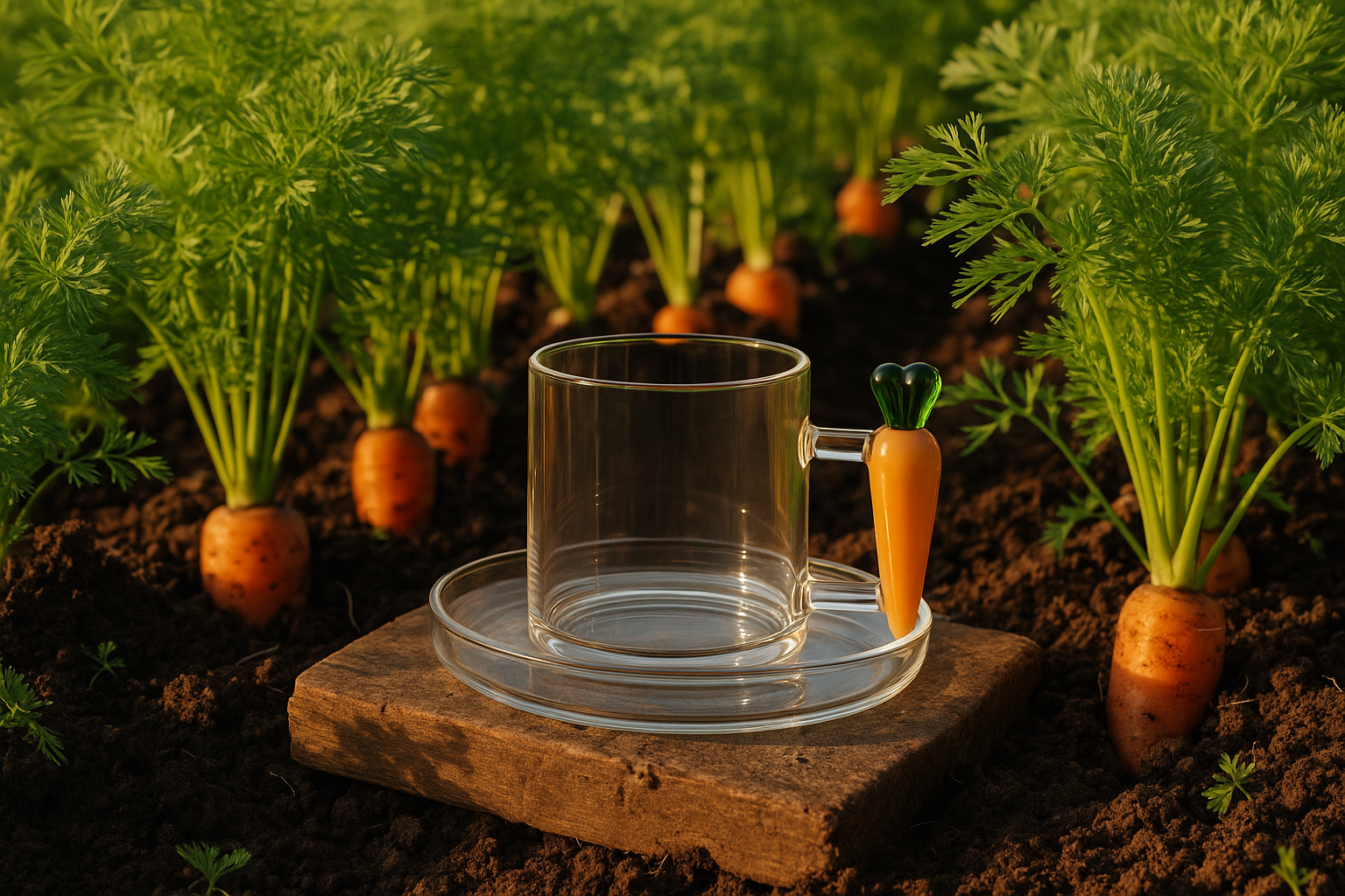 Taza de zanahoria en campo de zanahorias