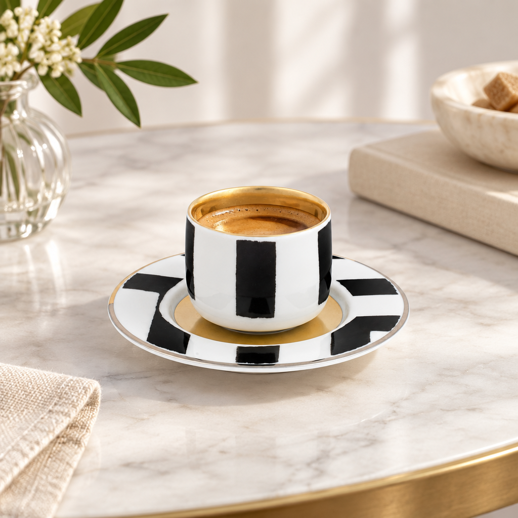 Taza pequeña de café Sol y Sombra con su platillo, ambientada