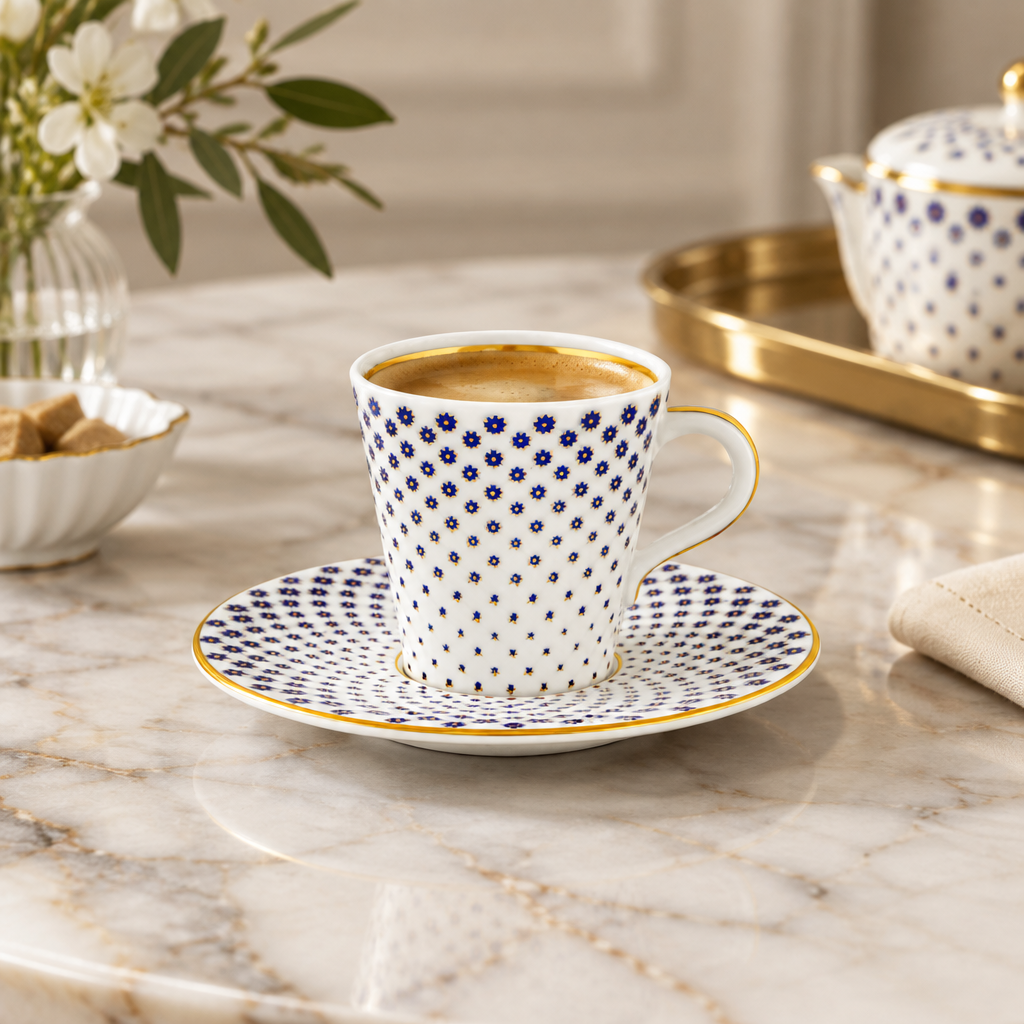 Taza y platillo Constellation D’Or ambientados con café