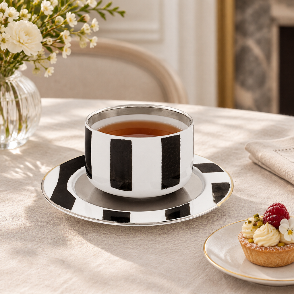 Taza y platillo Sol y Sombra ambientados con té