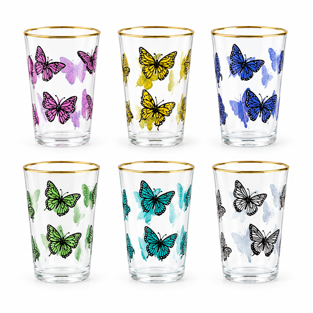 Tea Glasses Butterfly en cristal transparente con borde dorado sobre fondo blanco