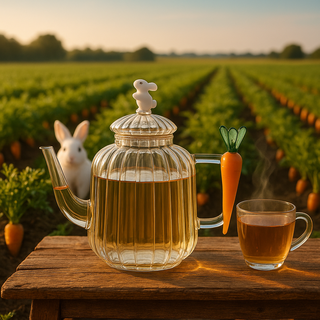Tetera en campo de zanahorias con té y conejo blanco
