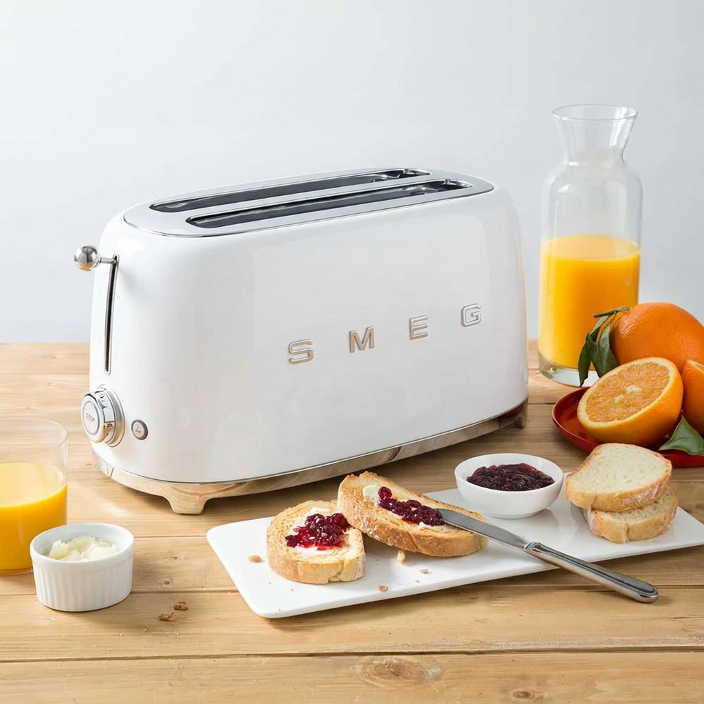 Tostadora SMEG blanca en la escena de desayuno