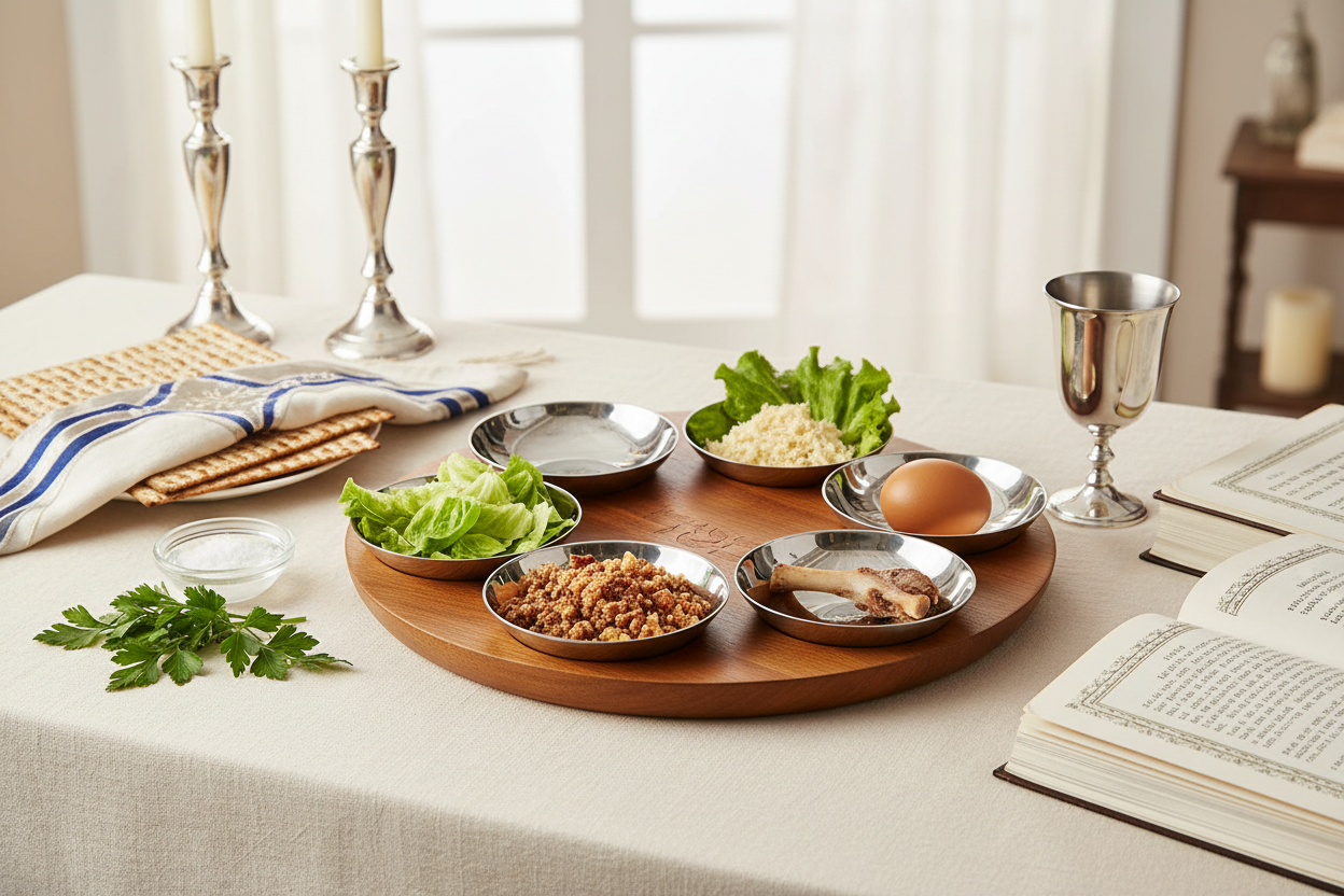 Unity Seder Plate ambientado con alimentos ceremoniales