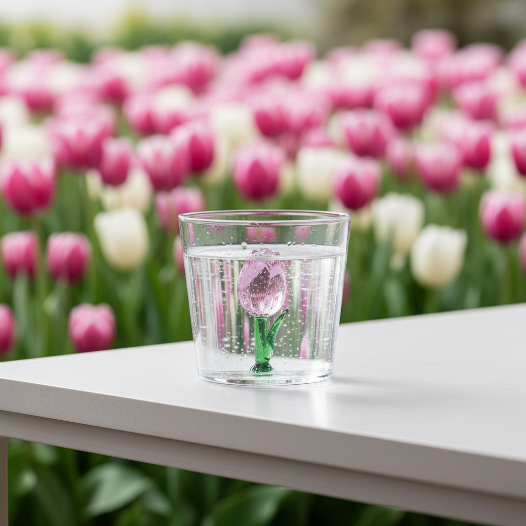 Vaso Botanica con tulipán rosa y agua fría