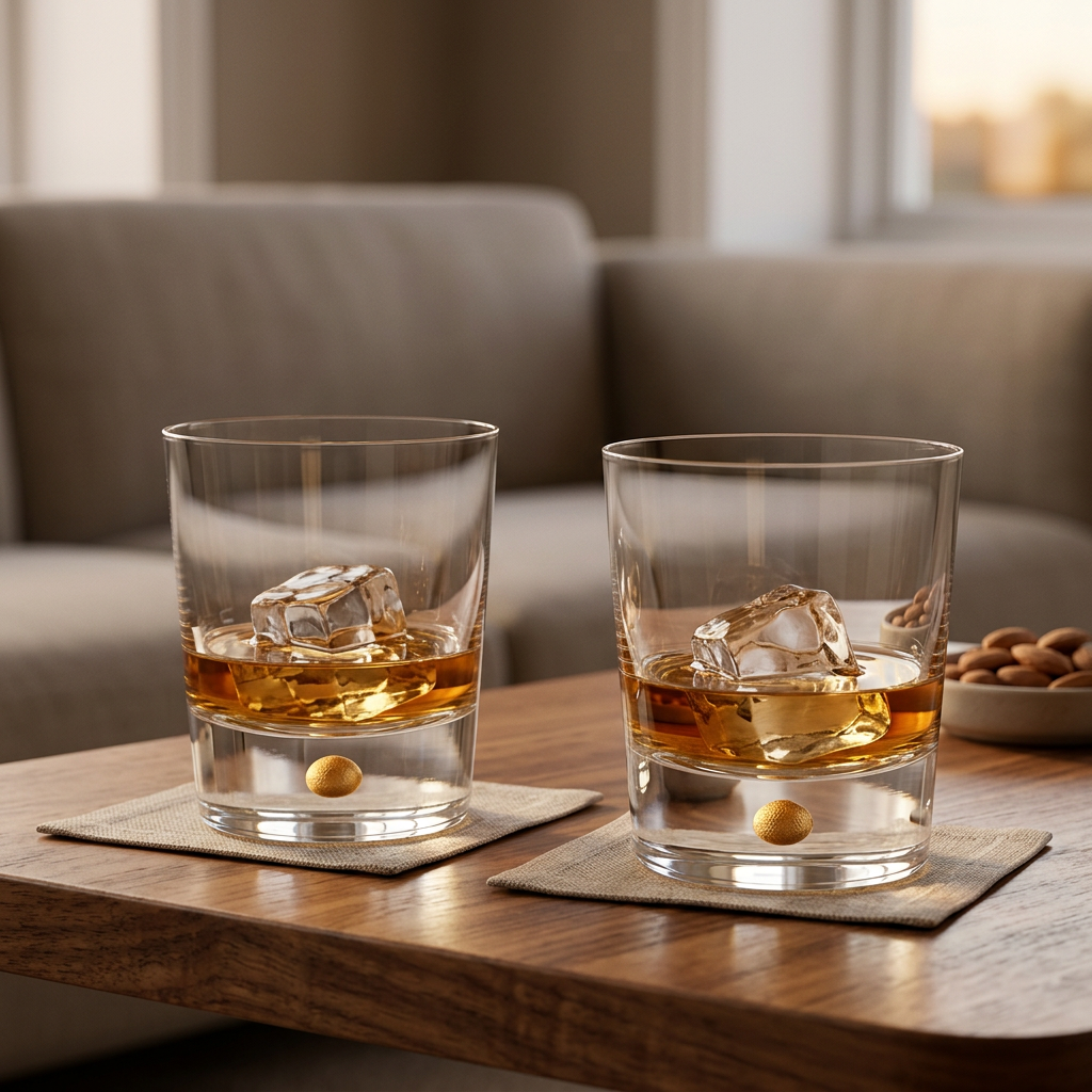 Vasos Intermezzo Gold ambientados con whisky y hielo