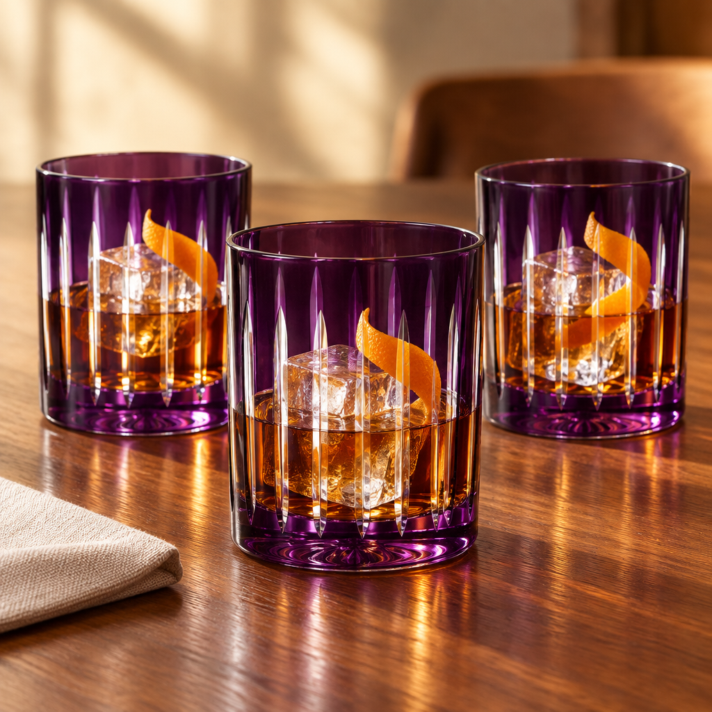 Whiskey Glass Stripes Purple ambientados con whisky